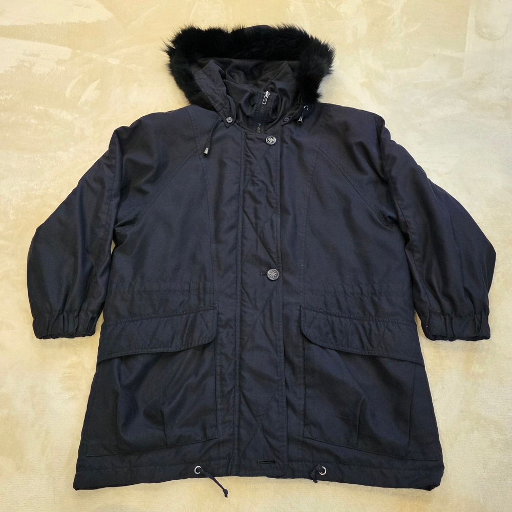 Vintage London Fog Parka Jacket Women Small Petite S PET Black Faux Fur Hood 90s